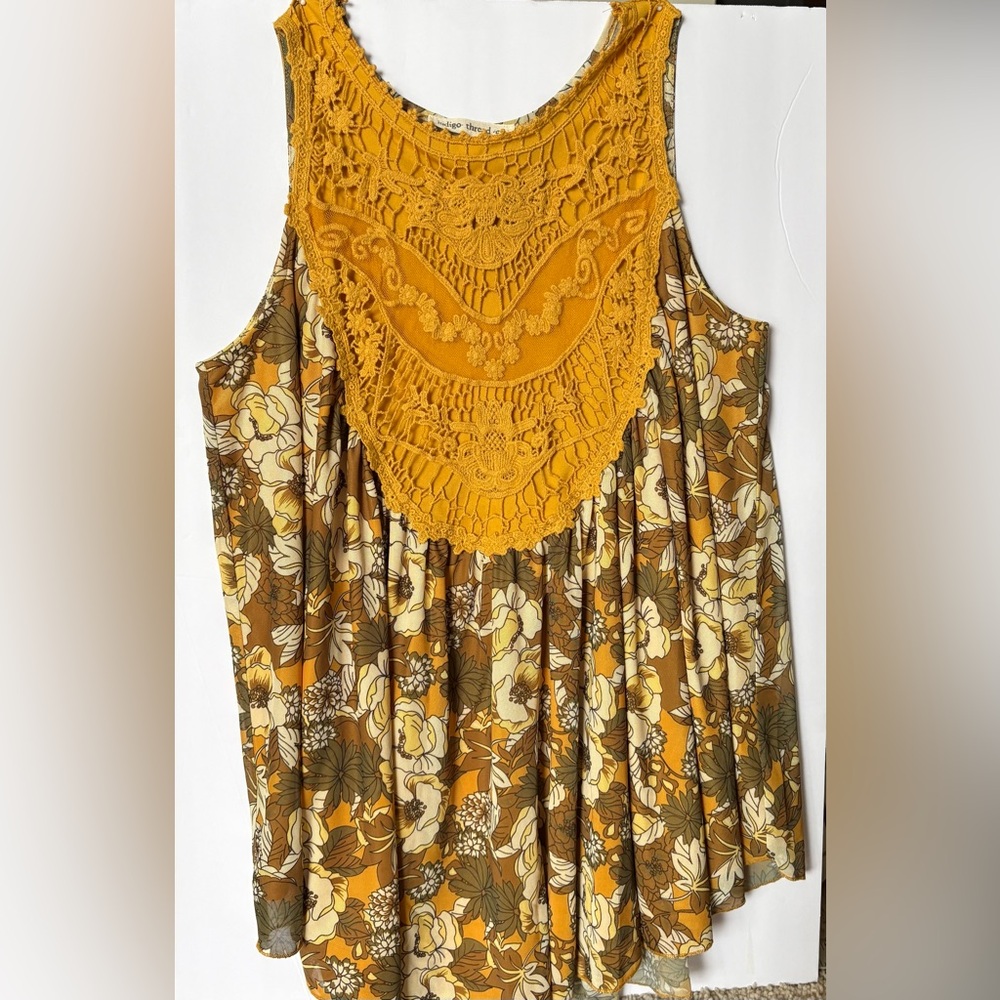 Flowy Mustard Floral Lace Sleeveless Women's Top Boho Chic Cottagecore Indie